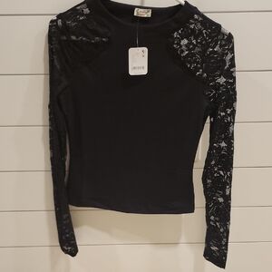 Free People Black Lace Sleeve Blouse